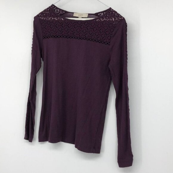 Loft purple long sleeve illusion lace neckline cutout crochet sleeve t-shirt XS - Picture 13 of 13